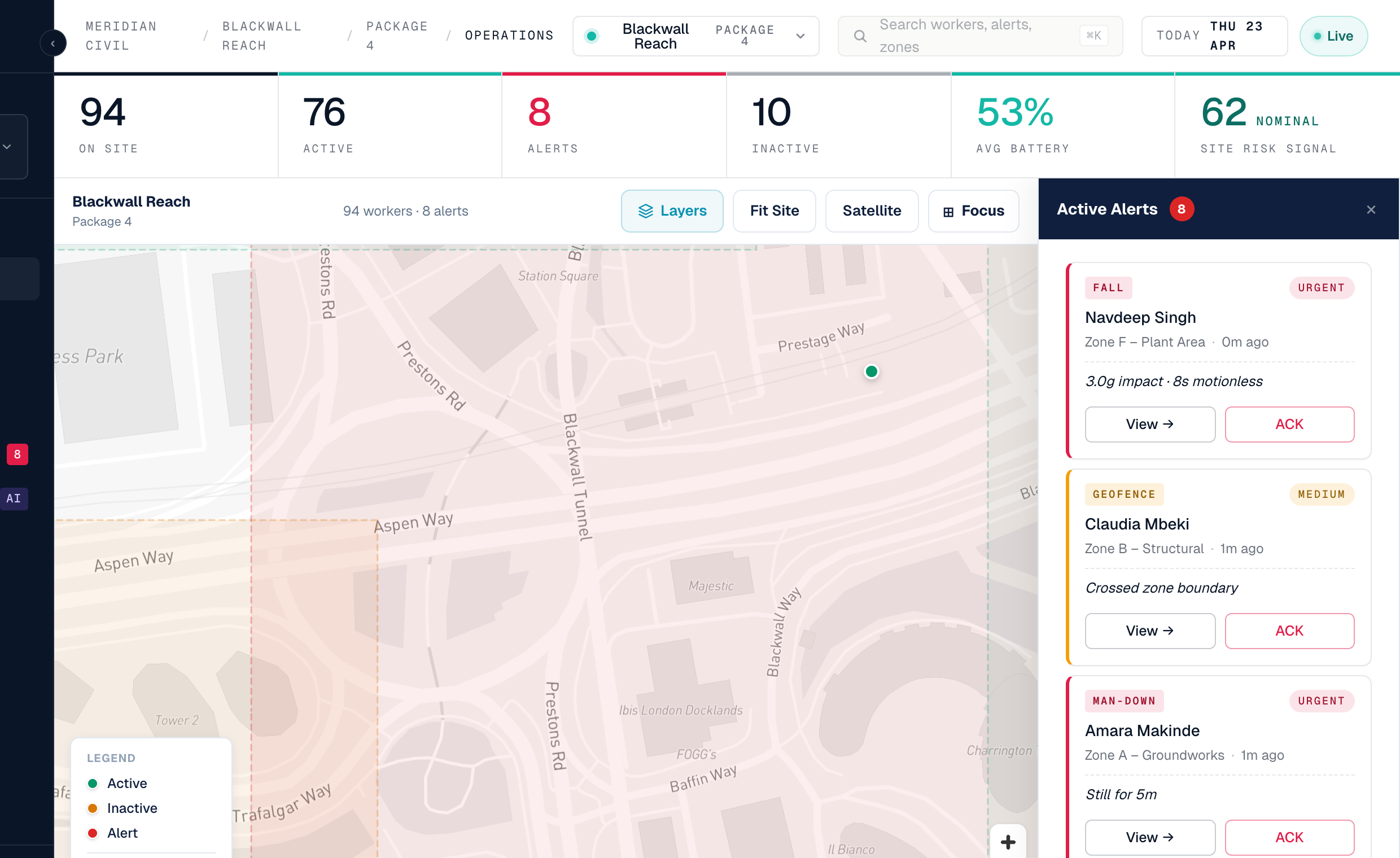 Overguard Operations view — live map of workers, zones, and alerts across a construction site